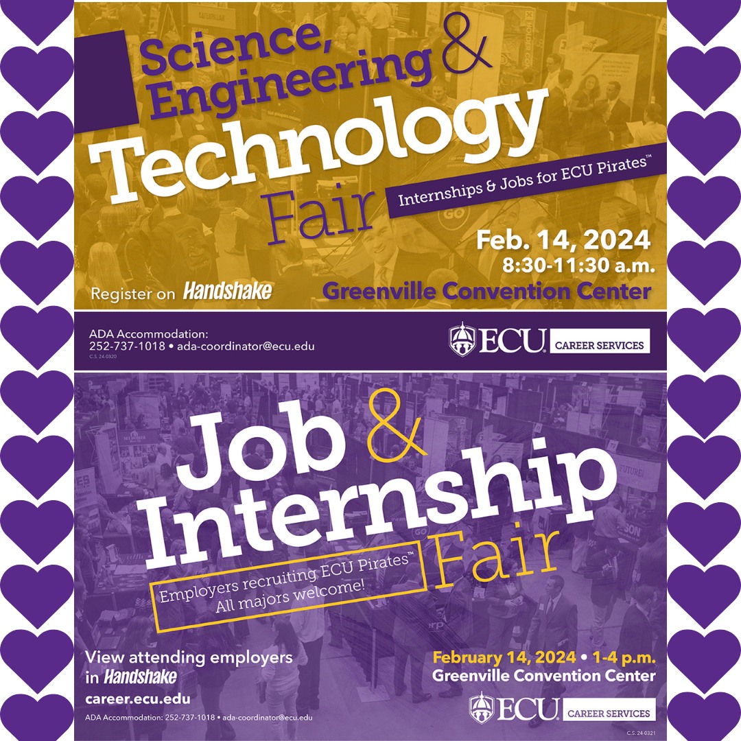 HSIM Students: Check out the Job and Internship Fairs that ECU Career Services is hosting on February 14th. #HSIM