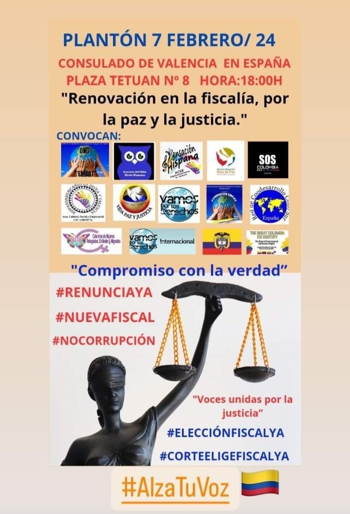 soscolombiaes's tweet photo. Si estás en la comunidad valenciana y de Murcia en España, te invitamos a participar del plantón frente al consulado de Valencia para apoyar al presidente @petrogustavo y exigir la elección del nuevo fiscal de Colombia. 
#AlzaTuVoz #EleccionFiscalYa 
#SOSColombiaEspaña https://t.co/vkZWieNnyc