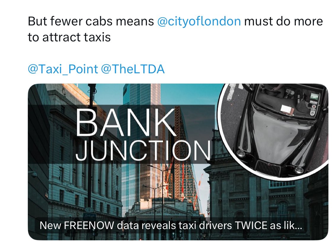 Myth busting why Black Cab availability is so poor in <a href="/thecityofldn/">The City of London</a> - see <a href="/Taxi_Point/">TaxiPoint - UK Taxi News</a> article - link below 👇🏼

Yes, taxi numbers are down since Covid but data shows availability is much worse compared to West End ⚠️

Restrictions are driving Black Cabs away from <a href="/thecityofldn/">The City of London</a> ❌