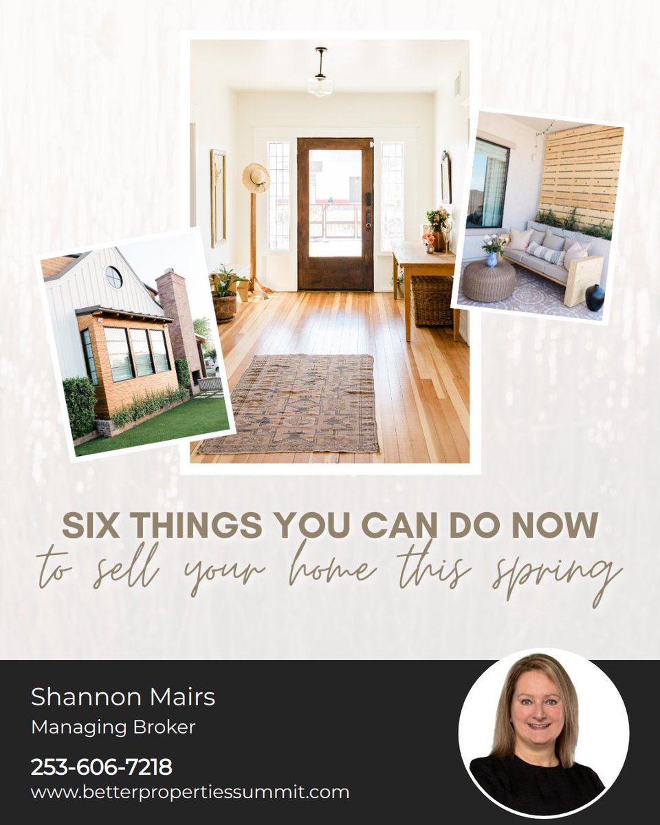 Get your home sale-ready for spring with these tips: 🔨 Prioritize repairs 🌟 Pressure wash for sparkle 🛋️ Declutter spaces 🎨 Refresh with paint ✨ Deep clean floors 🌻 Garden for curb appeal Start now for a seamless sale come spring!