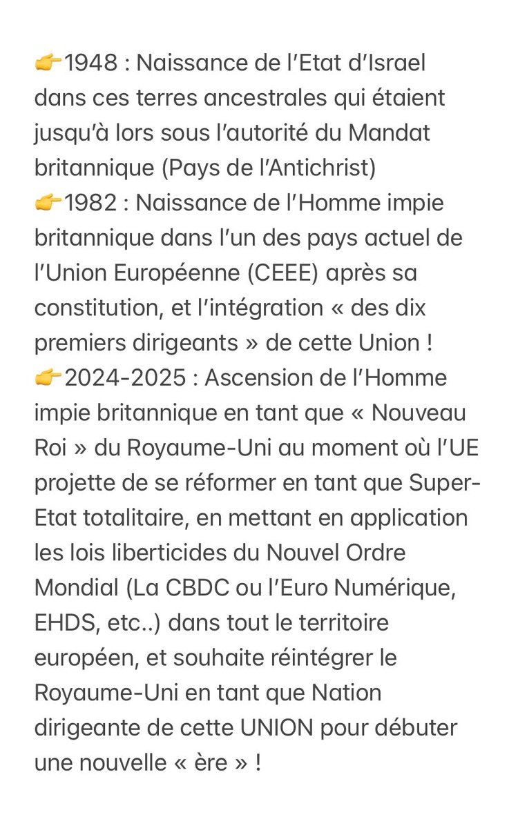 SaintViens's tweet photo. 🇬🇧🇪🇺De la Naissance de l’Homme Impie britannique après la Constitution de la Nouvel Europe (CEE/UE) « post Israel-1948 » à l’Ascension sur le trône de la futur nation dirigeante de cette Europe en passe de devenir un Super état-totalitaire (comme à l’époque de la Rome antique) ! https://t.co/DejsnHhDHH