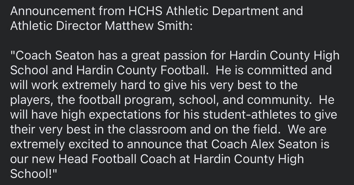 HCSportsHOF's tweet photo. 🚨 BREAKING: Hardin County has named Alex Seaton (@alexjseaton24) as the new Head Football Coach of @HCTigerFootball. 

@WBBJ7FFN @ZachJoneswbbj @Sports731Net @_AlexNorthcut @GCSportsWriter https://t.co/Cf8LWZmEdH
