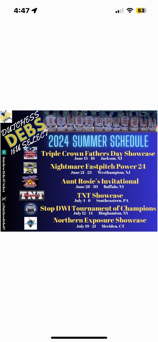 miadelango2025's tweet photo. The Dutchess Debs select 07’s 2024 summer schedule!! https://t.co/4s3Mc0SXhs