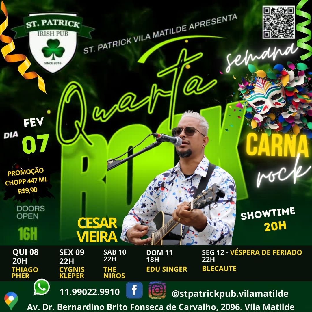 stpatrickpubsp's tweet photo. Quarta começa o esquenta para o CarnaRock! Prepare-se para muita animação, música contagiante e diversão sem fim. O CarnaRock é a combinação perfeita entre a energia do carnaval e o poder do Rock.  Serão horas de pura alegria, com acústico e bandas tocando os maiores clássicos do https://t.co/25SK4hAWa1