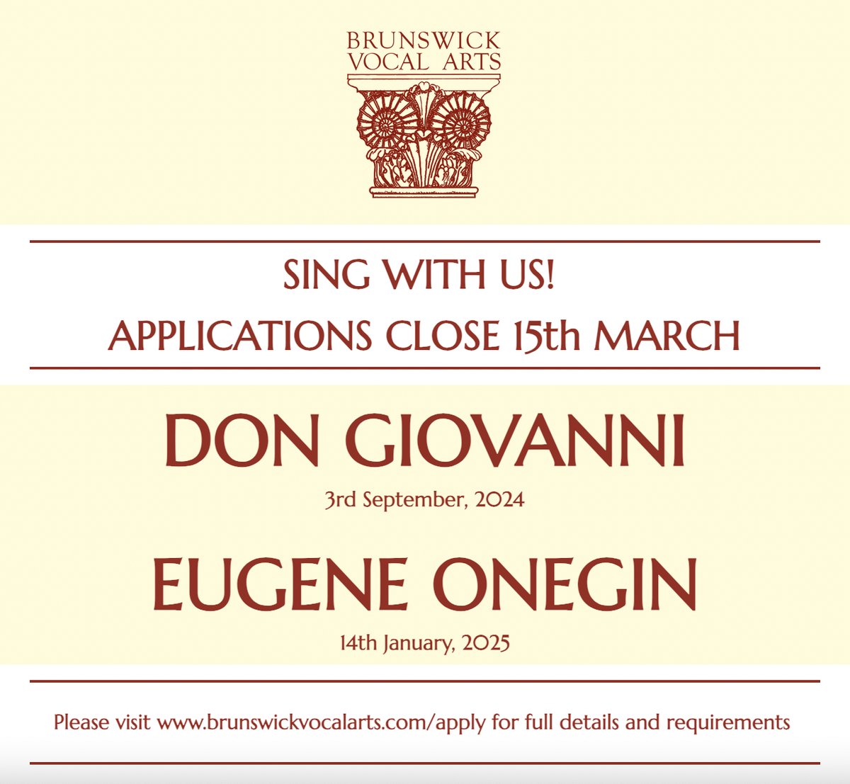 The BVA application window for those wishing to be considered for principal roles in Mozart's Don Giovanni and Tchaikovsky's Eugene Onegin is now open, and will close on 15th March. Please visit brunswickvocalarts.com/apply for full details and requirements.