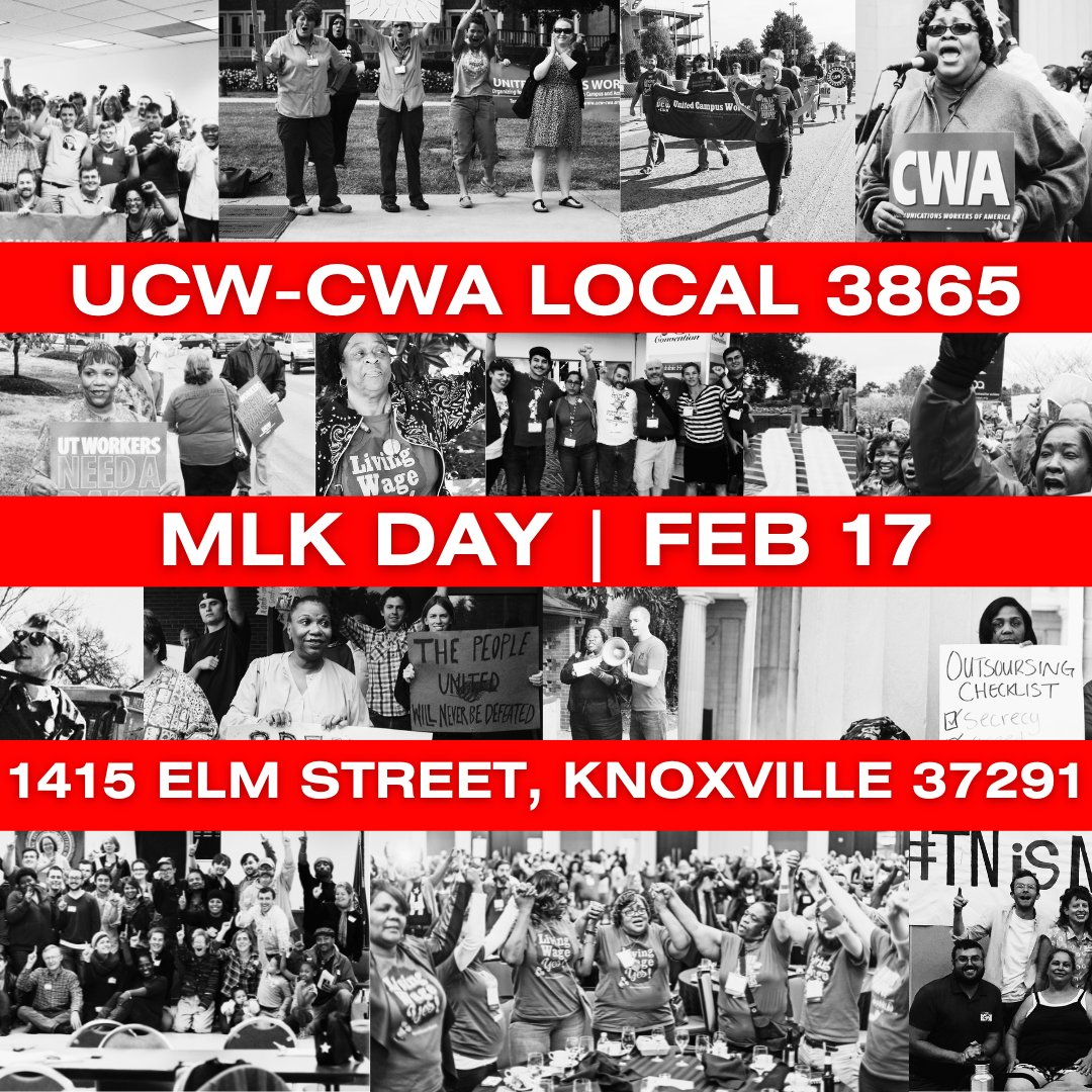 UCWCWA's tweet photo. Join workers &amp; families from across campus and the community to celebrate Dr. King's legacy on February 17 from 6-8pm at 1415 Elm St., Knoxville 37921! Childcare provided. For ASL &amp; Spanish interpretation please RSVP by Saturday, February 10th. RSVP at: https://t.co/vcgxd5Fhug https://t.co/wDy3n2XF7r