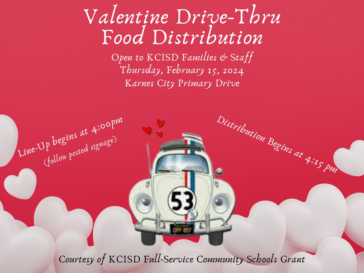 Valentine Drive-Thru Food Distribution
Open to KCISD Families and Staff
Thursday, February 15, 2024
Karnes City Primary Drive