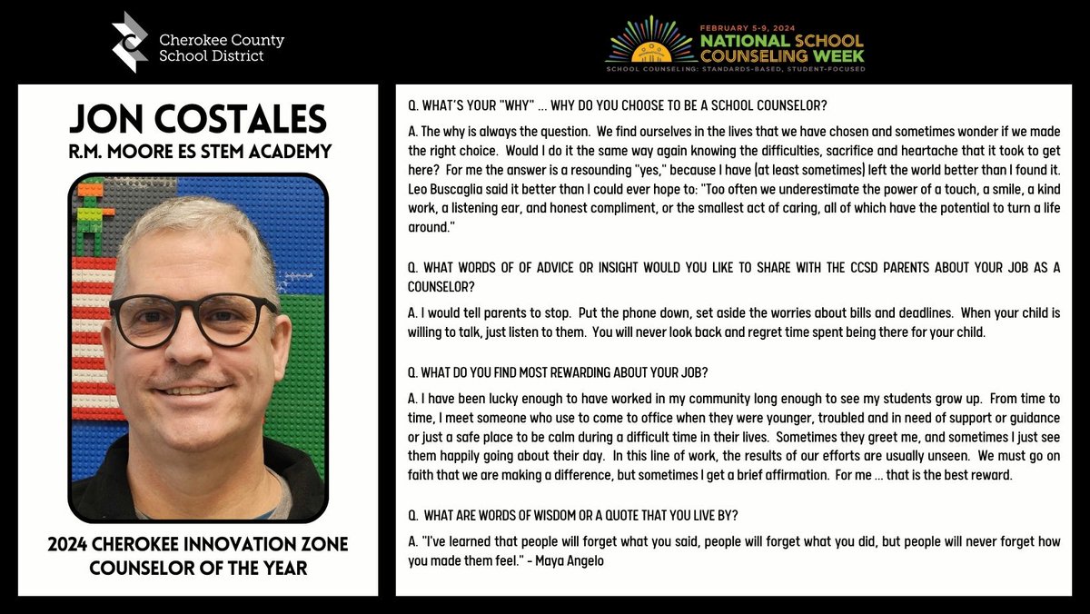 CherokeeSchools's tweet image. It’s National School Counseling Week ... the perfect week to announce CCSD’s 2024 Innovation Zone Counselors of the Year!  Stay tuned this week as we highlight each winner.  Thank you to all CCSD counselors for the impact you make in our community! #CCSDfam #CCSDcares #NSCW2024