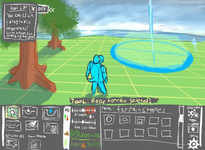 More UI work! Trying to let players build terrain in 2 modes, one for more ground view and personal to do on your own. The other air view mode for massive terrain changes. 

again it’s a WIP. But I like showing the general plans for it for any potential feedback or questions.