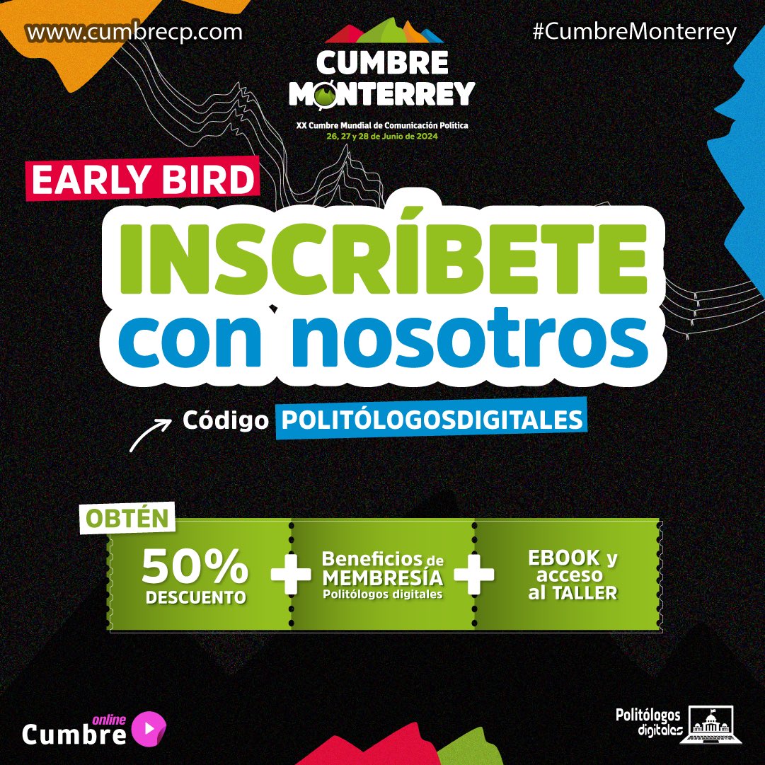PolitologosD's tweet photo. ¿Quieres asistir a la @CumbreCP para ganar las próximas #Elecciones2024 y comunicar de manera efectiva en tu gobierno? 🏛️

Aprovecha el DESCUENTO con el código POLITOLOGOSDIGITALES👨‍💻👩‍💻

🗓️ 26, 27 y 28 de junio
📍 Monterrey

📌 Para mayor información https://t.co/KzKFnDcmGi https://t.co/QaiyINQAZG