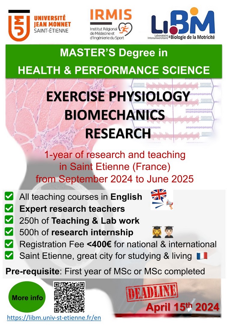 Registrations are now open for the 2024-25 Health and Performance Science International MSc at <a href="/Univ_St_Etienne/">Université Jean Monnet Saint-Étienne</a>
Advanced courses in Exercise Physiology and  Biomechanics  🏃🏻‍♂️🏋️🚴🏽‍♂️ fully in English.
👉 lnkd.in/d4yRZSQE
Applications deadline: April 15.
<a href="/LIBM_lab/">LIBM</a> <a href="/chaire_ActiFS/">ActiFS</a>