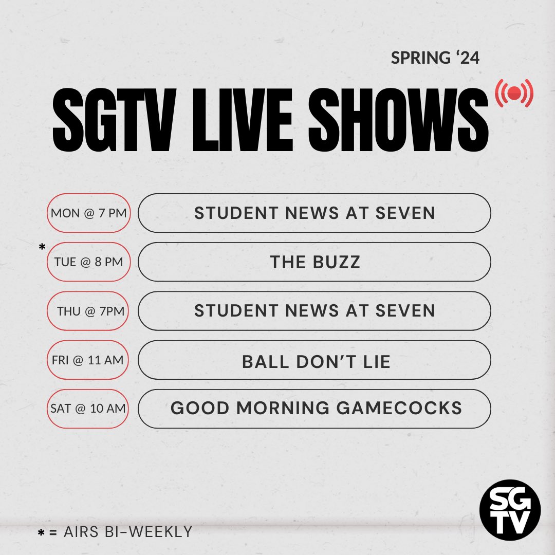 SGTV shows are back live streaming TONIGHT‼️ Check out our weekly programming schedule below, and then join us on our YouTube channel to tune in ↴
youtube.com/@SGTVatUSC?si=…