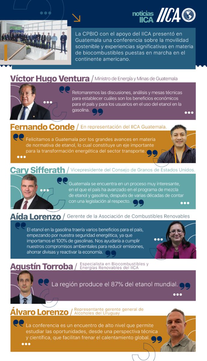 IICAnoticias's tweet image. 🤝La Coalición Panamericana de Biocombustibles Líquidos (#CPBIO) reunió a funcionarios, analistas, productores y profesionales en la Conferencia "Movilidad Sostenible: Las Oportunidades del Etanol en Guatemala", respaldada por el IICA.