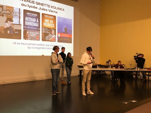 Ginette KOLINKA  invitée par le CVL du lycée Jules Verne, raconte Birkenau : A 99 ans , "tant que je tiendrai, je continuerai à témoigner ".    Un engagement en actes des lycéens et apprentis pour combattre toutes les haines "qui ont engendré cela".