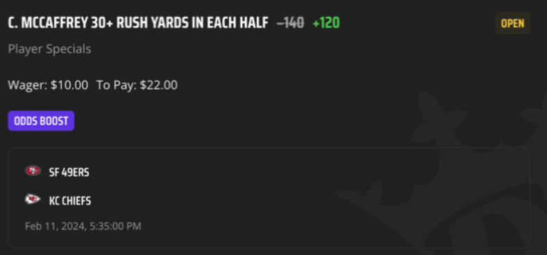 EdgePlayBook's tweet photo. #WomenInBetting #BetInPublic we will take this daily #SuperBowlLVIII boost on #DraftKings. Fair odd is +100 for 10% EV #EVBetting #SweatWithEPB #CMC