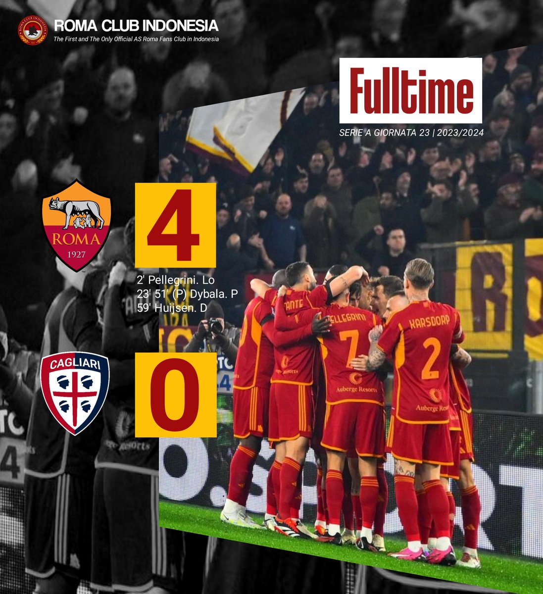 RomaIndonesia's tweet photo. 𝑫𝒆 𝑹𝒐𝒔𝒔𝒊 𝑬𝒇𝒇𝒆𝒄𝒕 ...?
@officialasroma
🟡🔴
𝗙𝘂𝗹𝗹𝘁𝗶𝗺𝗲
Serie A Giornata 23 | 2023/2024
AS ROMA 4 - 0 CAGLIARI
______________________
FOLLOW US !
#asroma
#romaclubindonesia
#unicograndeamore
#romacagliari
#romahavinto
#grazieroma https://t.co/a1d4IbWXU9