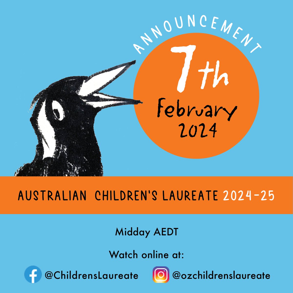 ⏰ ONE DAY TO GO ... ANNOUNCING THE 2024–25 AUSTRALIAN CHILDREN'S LAUREATE Who will it be? Find out 📷 12pm AEDT on 7 February 2024 (11am AEST/ 9am AWST/ 11.30am ACDT/ 10.30am ACST). @ALIANational @TheCBCA @aslanational @creative_gov_au @CopyrightAgency #ozchildrenslaureate