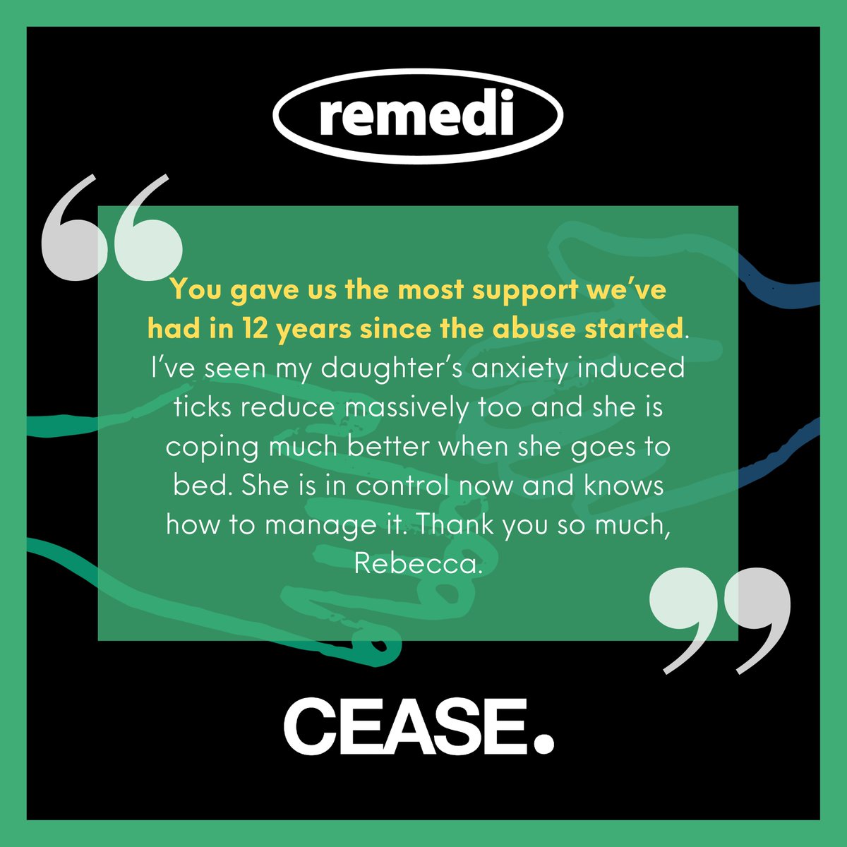 RemediRj's tweet image. Our colleague Rebecca in Cheshire received this feedback from a young person and her mum after receiving support from our Domestic Abuse service, CEASE. #cease #domesticabuse #domesticviolence #support #dv #quote #feedback @RJCouncil @RJAPPG @AssocPCCs @MOJGovUK @CheshirePCC