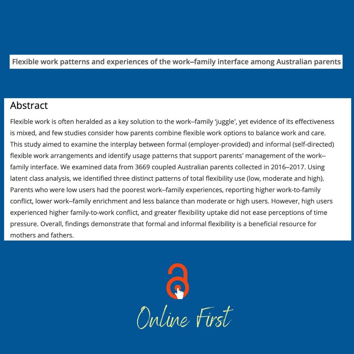 Flexible work arrangements can be a lifesaver for parents juggling work and family responsibilities, but how effective are they? 

Check out this study on the interplay between formal and informal flexibility doi.org/10.1177/002218… 

<a href="/RebeccaGiallo/">Rebecca Giallo</a> <a href="/DrSKBennetts/">Dr Shannon Bennetts</a> <a href="/MCRI_for_kids/">Murdoch Children's Research Institute (MCRI)</a>