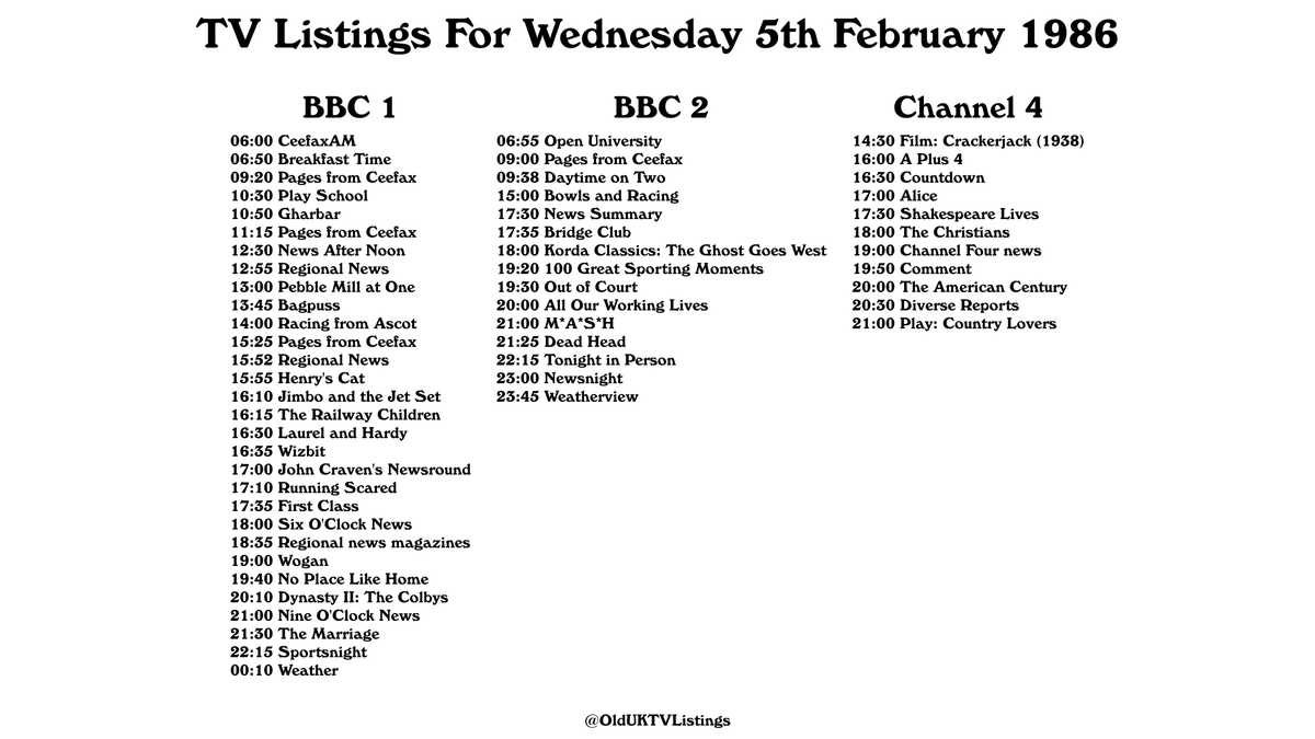 TV Listings For Wednesday 5th February 1986
