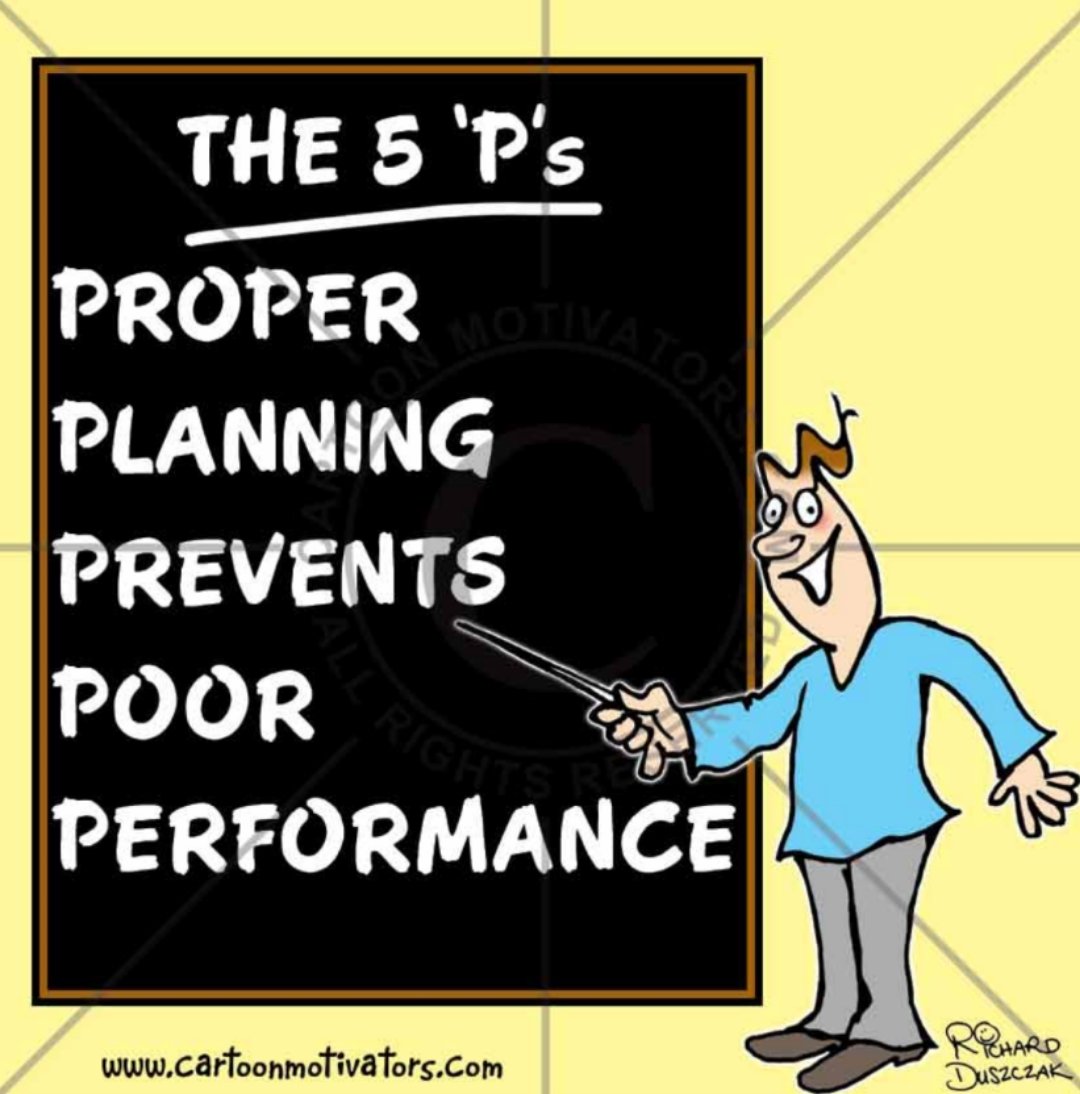 🛑 قاعدة ال (5P)
(The 5 P's)

تقول القاعدة:
Proper Planning Prevents Poor Performance. 

أي أن: التخطيط السليم يمنع الأداء الضعيف.
...
وكما يقال:
كل ساعة نقضيها في التخطيط توفر لنا ثلاث أو أربع ساعات عند التنفيذ.

#شركة_تنمية_المعرفة
#أحمد_دغيدي