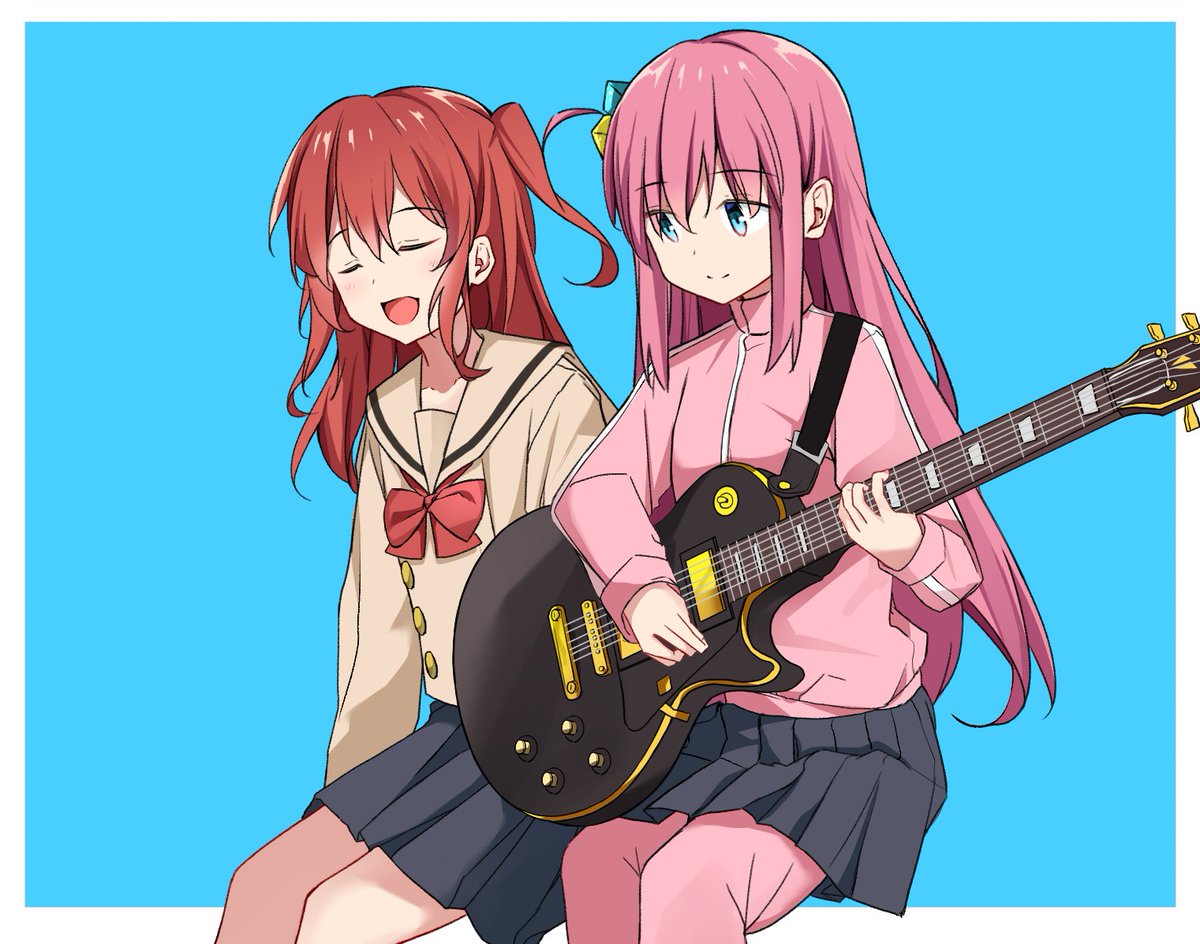 gotoh hitori ,gotou hitori ,kita ikuyo multiple girls 2girls instrument cube hair ornament guitar pink hair red hair  illustration images