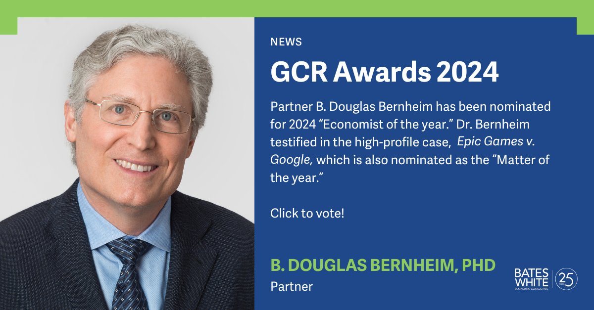 We congratulate Partner B. Douglas Bernheim on his nomination for @gcr_alerts' 2024 “Economist of the year.” Dr. Bernheim testified in the Epic Games v. Google case, which is nominated for “Matter of the year.” Vote before February 12: ow.ly/vQ9p50Qy5zU #antitrust