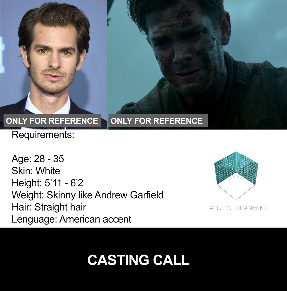 LacusPost's tweet photo. CASTING CALL! Your time has come. We are looking for male and female actors to impersonate the main characters of our next project. If you are an actor with qualities like Andrew Garfield and Naomie Harris, send your acting reel to: 👇

Email: careers@lacuspost.tv

#castingcall https://t.co/MCuC0NdWXP