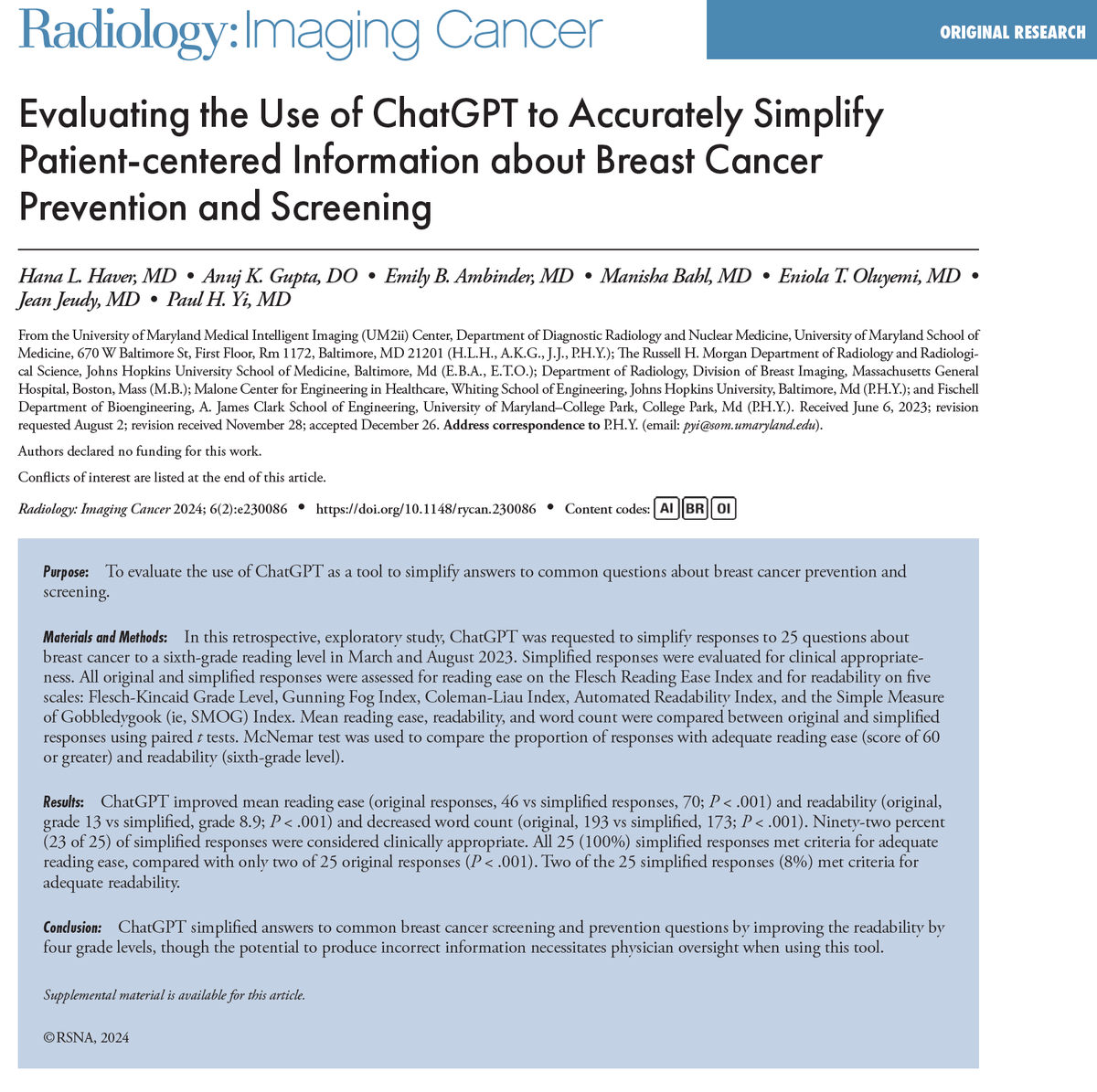 Hot off the press from Radiology: Imaging Cancer: 'Evaluating the Use of ChatGPT to Accurately Simplify Patient-centered Information about Breast Cancer Prevention and Screening' by Haver et al. Article: doi.org/10.1148/rycan.… #CancerImaging #Cancer