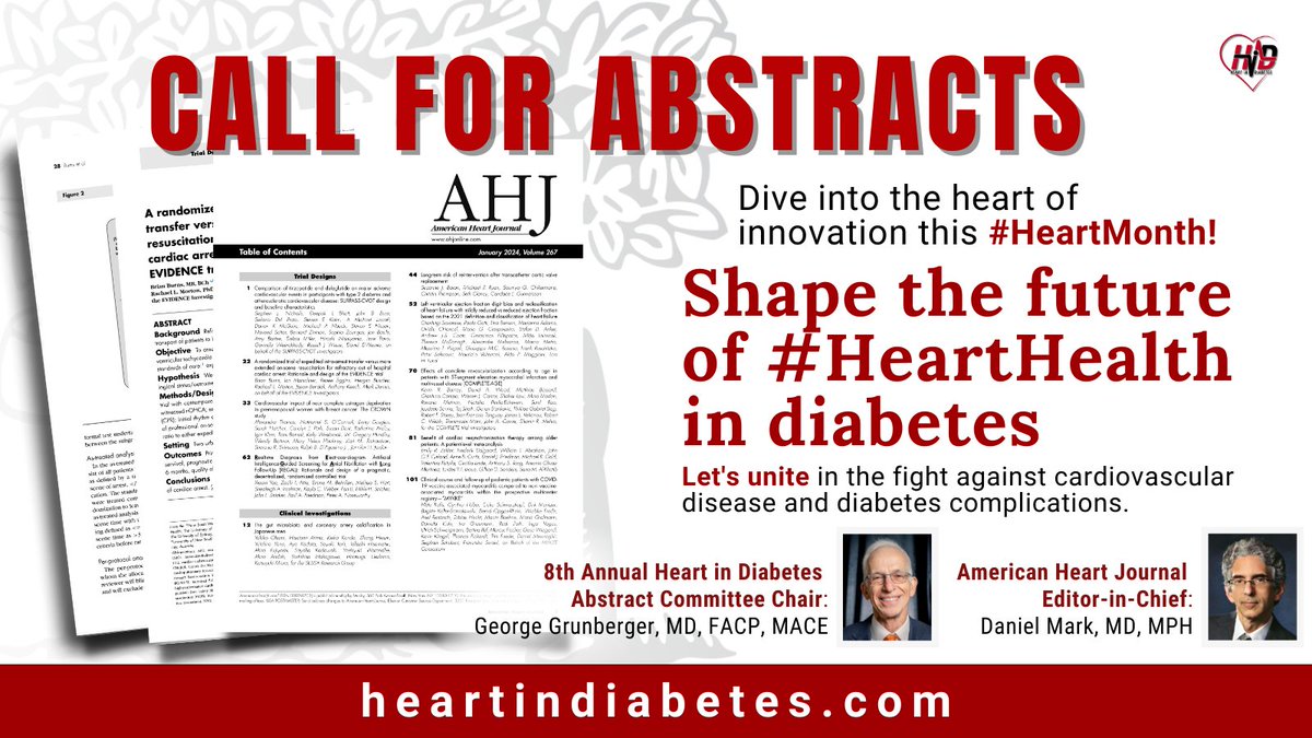 Be a beacon in #HeartMonth! Submit an abstract, spark discussions, and shape the future of #HeartHealth at the 8th @HeartinDiabetes. If accepted, your work will be published in the @AmericanHeartJ, providing a platform to a global audience of experts. See heartindiabetes.com/abstracts