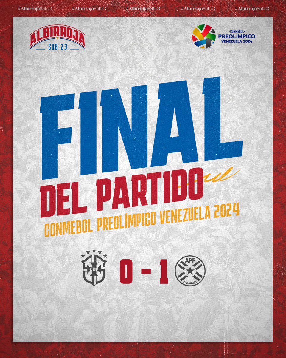 La <a href="/albirroja/">Selección Paraguaya</a> Sub 23 venció esta tarde en Venezuela a la selección de <a href="/cbf_futebol/">brasil</a> por 1 a 0 con gol de Fabrizio Peralta,  en el inicio del cuadrangular final del Preolimpico.

El jueves 8 jugará ante la <a href="/afaseleccion/">argentinaseleccion</a> 

VAMOS PARAGUAY!!!!!!