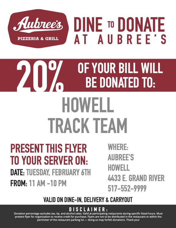 Dine for good on 2/6: Take a day off in the kitchen and eat at Aubree's in Howell!

Simply show this post to your server and 20% of your bill will be donated to the Howell Track and Field program!

#DinetoDonate #HowellTrackandField <a href="/HowellMISchools/">Howell Schools</a> <a href="/HowellAthletics/">Howell Athletics</a>