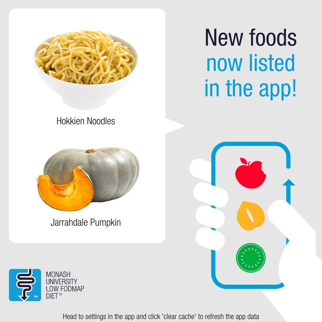 The new listings in the Food Guide include: ⭐ Noodle, hokkien (wheat), cooked ⭐ Pumpkin, Jarrahdale, peeled, raw Look for the 'star' symbol or check out the “New and updated foods” category in the app to find out their FODMAP rating and serving size! 🟢🟡🔴