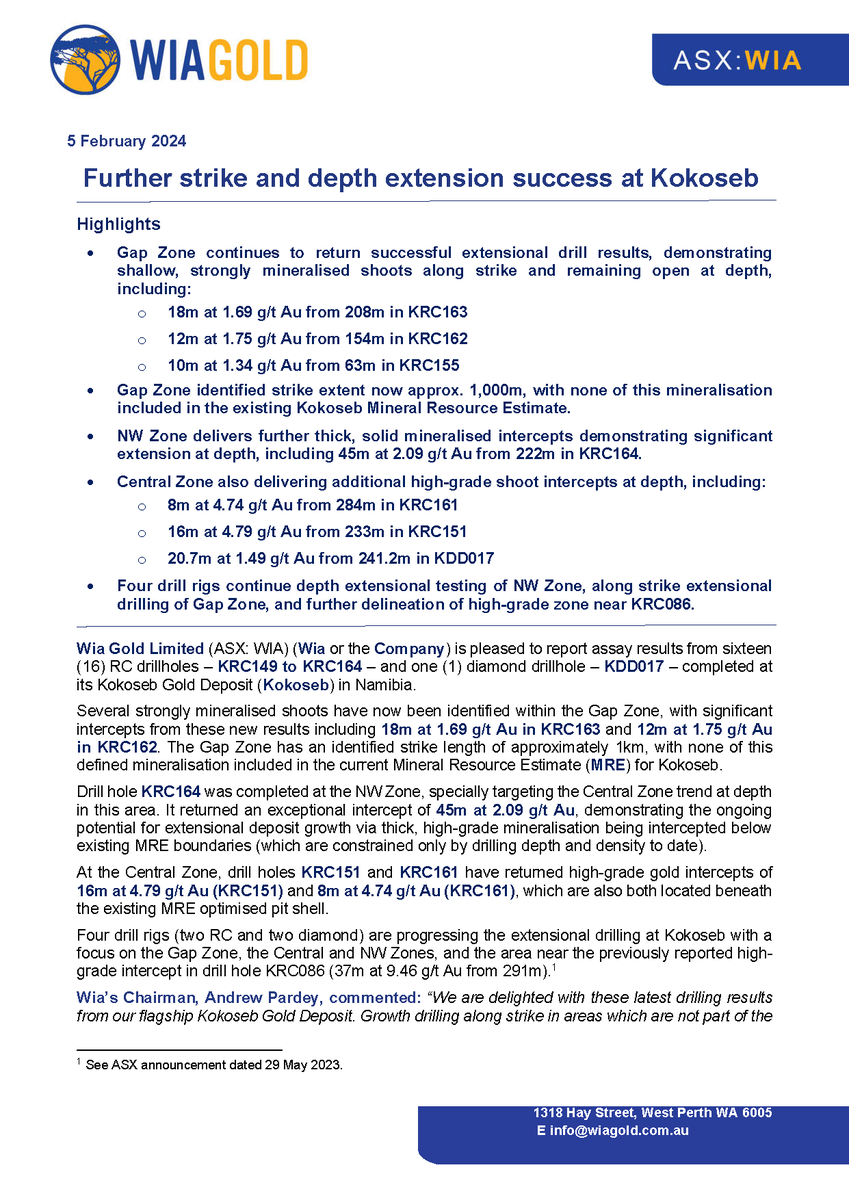 WIA_Gold's tweet photo. Further drilling of Gap Zone at our Kokoseb #gold deposit has returned exceptional results, showing strongly mineralised shoots along strike, remaining open at depth. $WIA continues to progress extensional drilling of the Gap Zone, the Central &amp; NW Zones. 
https://t.co/A9LwilxZNY https://t.co/e9nboYW1Mf