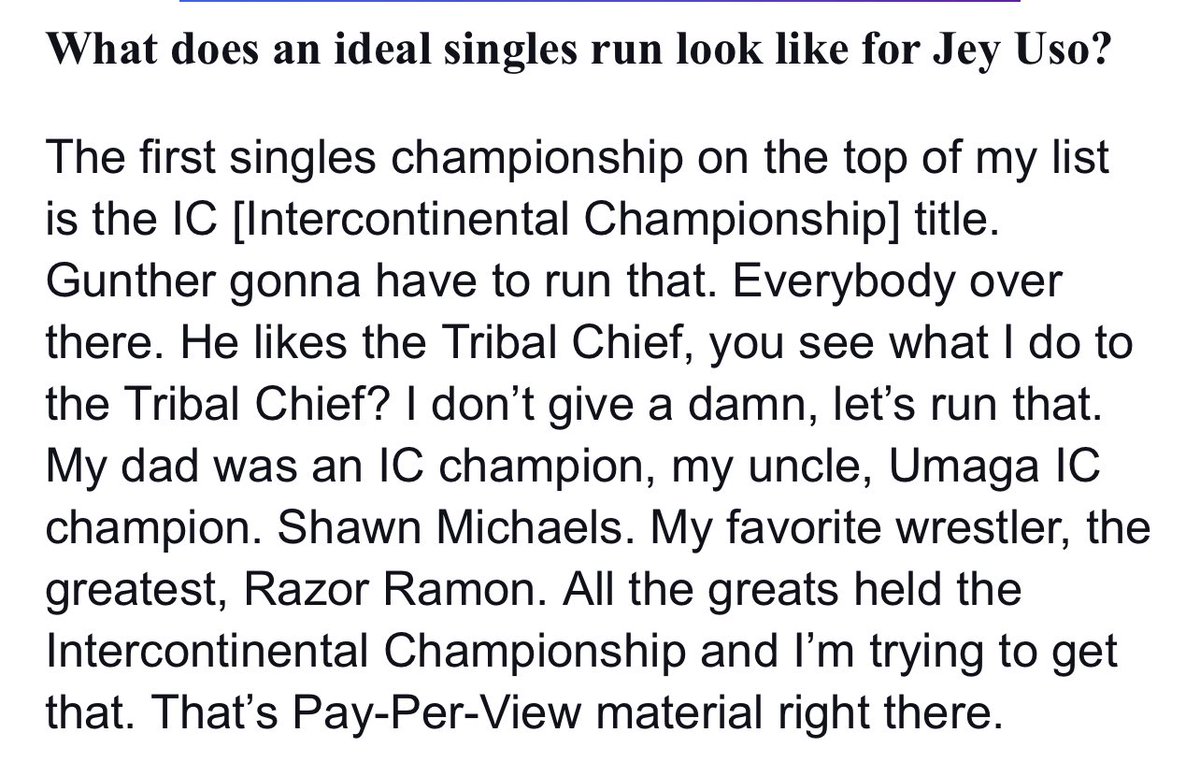 Just remember where you heard it first when Jey Uso said he wanted the IC title from Gunther. #WWERaw