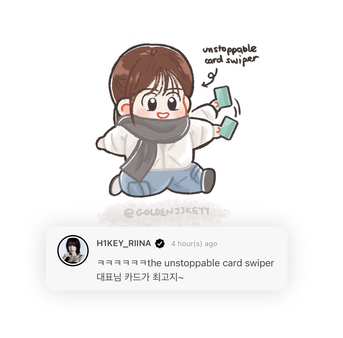 goldenjjkeyy's tweet photo. please look forward to our unstoppable card swiper Riina &amp; her gang in ep.2 of their reality show today 🤑😎

—
screenshot courtesy of .@hasomy ;D
.
.
.
#승현의2024년 #승현이만큼사랑한다
#하이키 #하이키팬아트 #리이나 #H1KEY #KPOPFANART #KPOPCHIBI #RIINA https://t.co/6qbTemIwBF