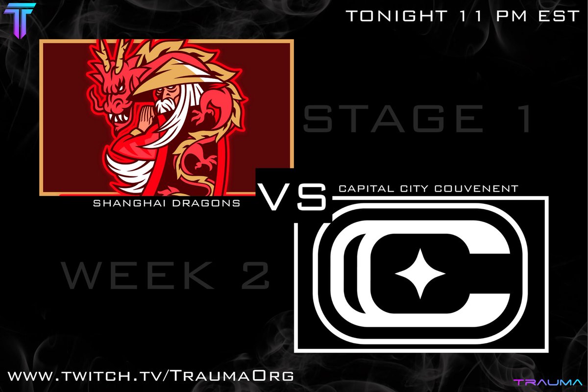 Trauma (@traumaorg) on Twitter photo Weโve got more week 2 #TraumaLeague action! 
Tonight at 11 est, the Shanghai Dragons and Capital City <a href="/COUVENENT/">COUVENENT</a> fight to keep their undefeated records alive!
Twitch.tv/TraumaOrg Weโve got more week 2 #TraumaLeague action! 
Tonight at 11 est, the Shanghai Dragons and Capital City <a href="/COUVENENT/">COUVENENT</a> fight to keep their undefeated records alive!
Twitch.tv/TraumaOrg