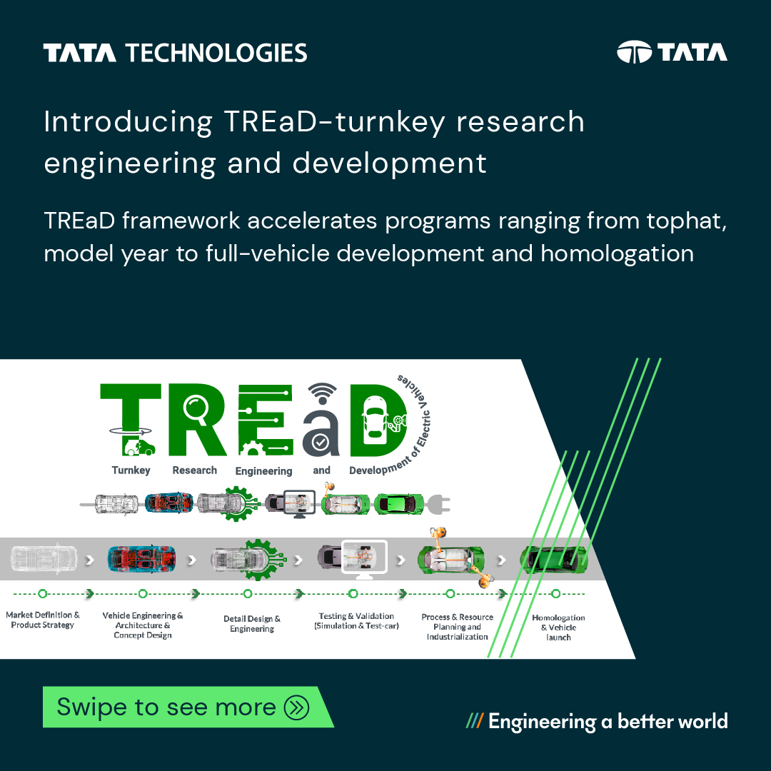 TataTech_News's tweet image. #ElectricVehicles- Tata Technologies Turnkey Research, Engineering, &amp;amp; Development (#TREaD) offers outsourced full vehicle engineering services &amp;amp; solutions for top hat programs helping OEMs reduce overall time to market &amp;amp; cost.

👉 lnkd.in/dN8FCbQj

#engineeringabetterworld
