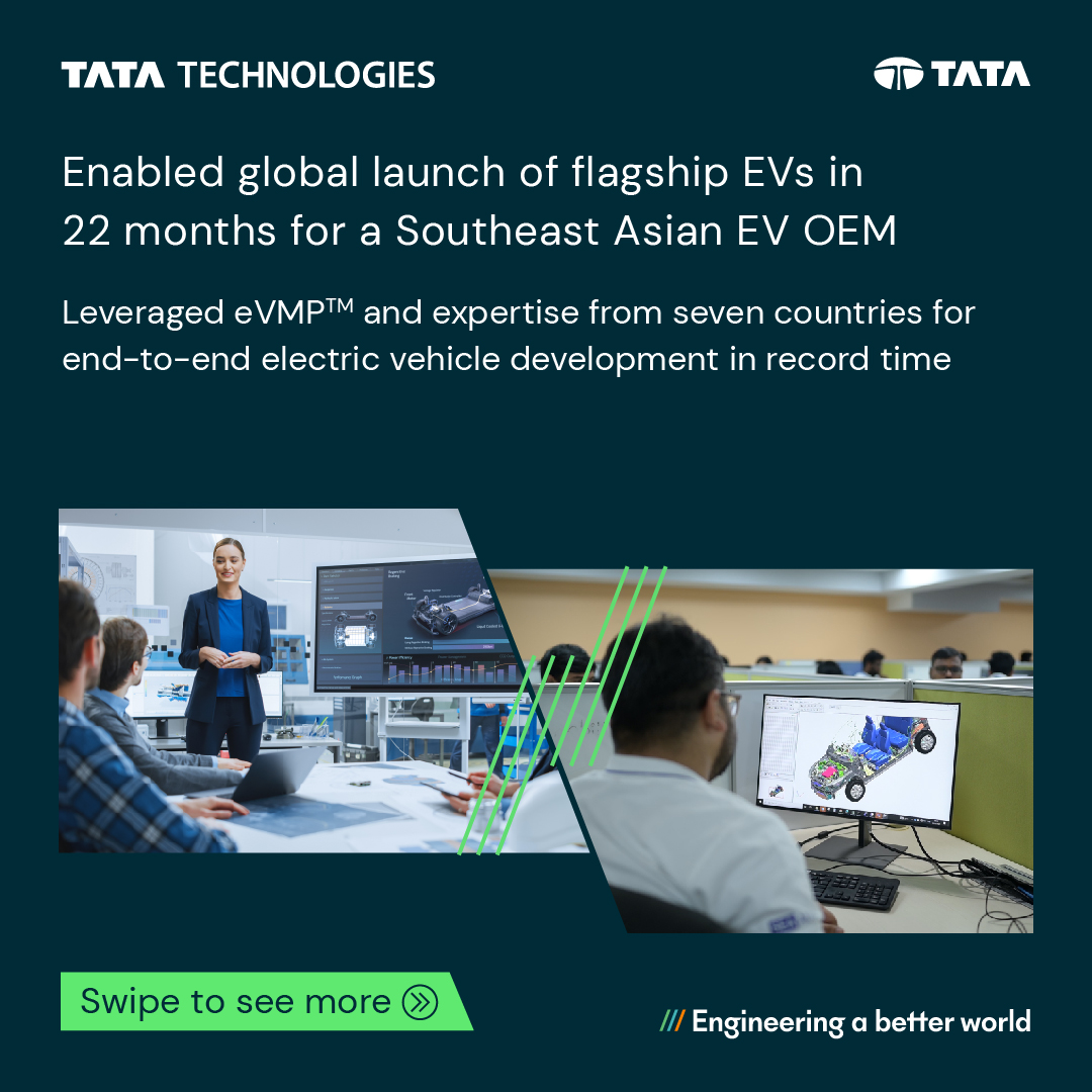 TataTech_News's tweet image. #ElectricVehicles- Tata Technologies Turnkey Research, Engineering, &amp;amp; Development (#TREaD) offers outsourced full vehicle engineering services &amp;amp; solutions for top hat programs helping OEMs reduce overall time to market &amp;amp; cost.

👉 lnkd.in/dN8FCbQj

#engineeringabetterworld