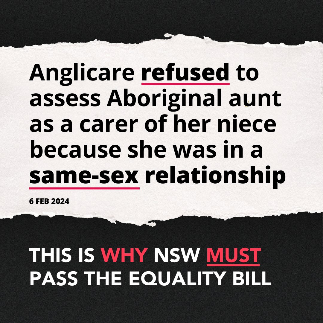 Today’s news is a clear indication of why NSW needs to pass the Equality Bill.

In 2024 this shouldn’t be happening. You can sign the petition to protect our community from discrimination:
equalityaustralia.org.au/our-work/freed…