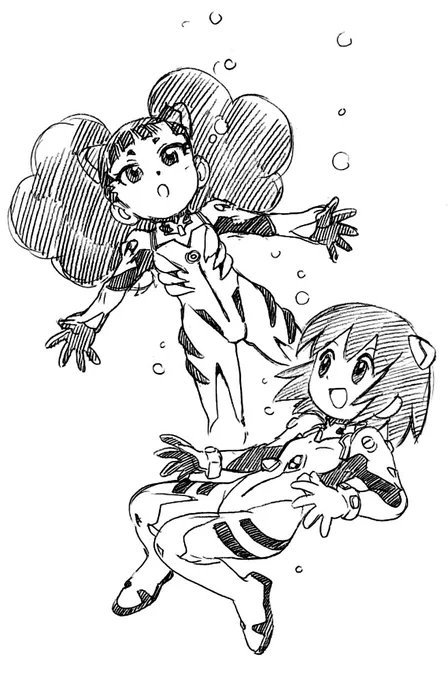 『Cosmic Baton Girl コメットさん☆ 』から、メテオさんと、コメットさん『若おかみは小学生!』から、秋野真月と、関織子(花の湯温泉のLCLは、誰も拒まない)『ジーンダイバー』の、芳賀唯で、プラグスーツ。 