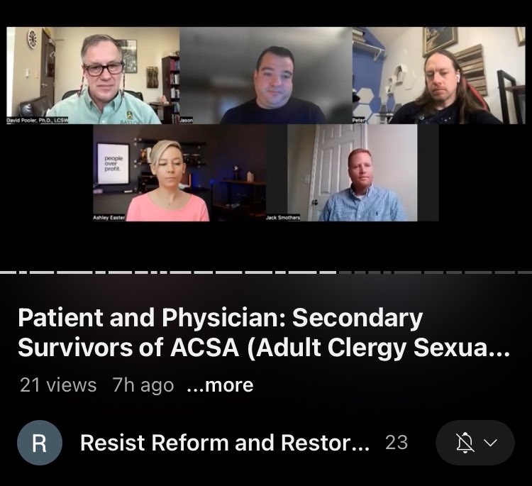 This crucial topic is rarely discussed. 

Watch a powerful discussion shedding light on experiences of secondary survivors of adult clergy sexual abuse. A must-watch for awareness. 

Moderated by <a href="/dkpooler/">David K Pooler, Ph.D, LCSW-S</a>, researcher of clergy sexual abuse. 

#ChurchToo

youtu.be/8JVAgSpezSQ?si…