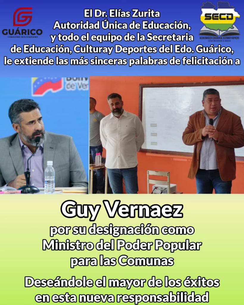 EliasEducacion1's tweet photo. Desde el Estado Bolivariano de Guárico, mi persona y todo el sector educativo extendemos las palabras de Felicitaciones a Guy Vernaez por su designación como Ministro del Poder Popular para las Comunas.
Le deseamos el mayor de los éxitos en esta nueva responsabilidad. https://t.co/F6izh3AfOB