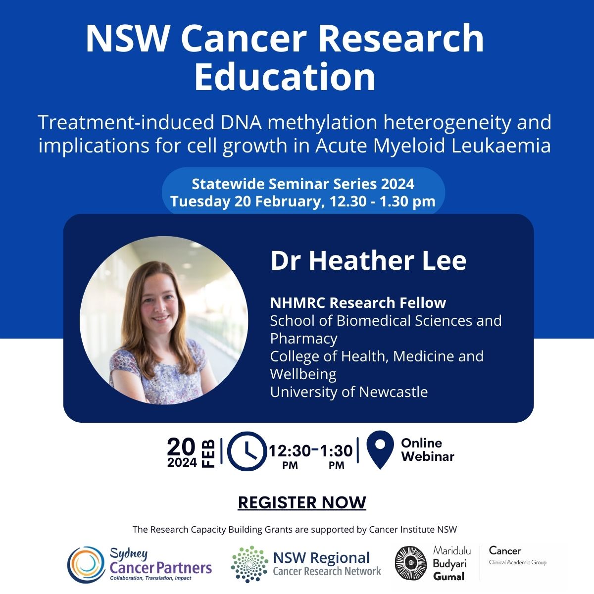 Exciting update! NSW Cancer Research Education Seminars are back Feb 20th! 📅 @Dr_Heather_Lee talks hypomethylating agents for AML & myelodysplasia treatment. Register at bit.ly/3SMUkeg 
#CancerResearch #SeminarSeries @SydCancerPtnrs @CancerSPHERE @cancerNSW #NSWRCRN