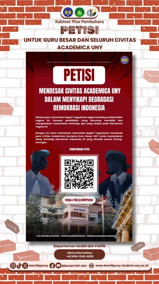 [PETISI MENDESAK CIVITAS ACADEMICA UNY DALAM MENYIKAPI DEGRADASI DEMOKRASI INDONESIA]

🖇️bit.ly/UNYPetisi

Suarakan kegelisahan degradasi demokrasi, mari bersama-sama isi petisi! 

#TOLAKPEMILUCURANG
#DEGRADASIDEMOKRASI
#KEMBALIKANMARWAHDEMOKRASI