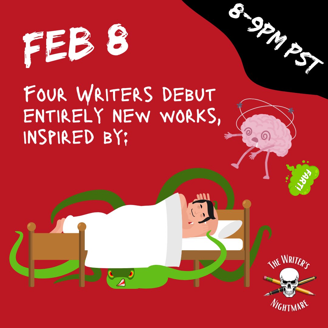 ThePulpStage's tweet image. Just 3 days away--the first Writer's Nightmare show of 2024!

Come see what our writers do with the awful prompts 'literal brain farts' and 'meeting the monster under the bed.'