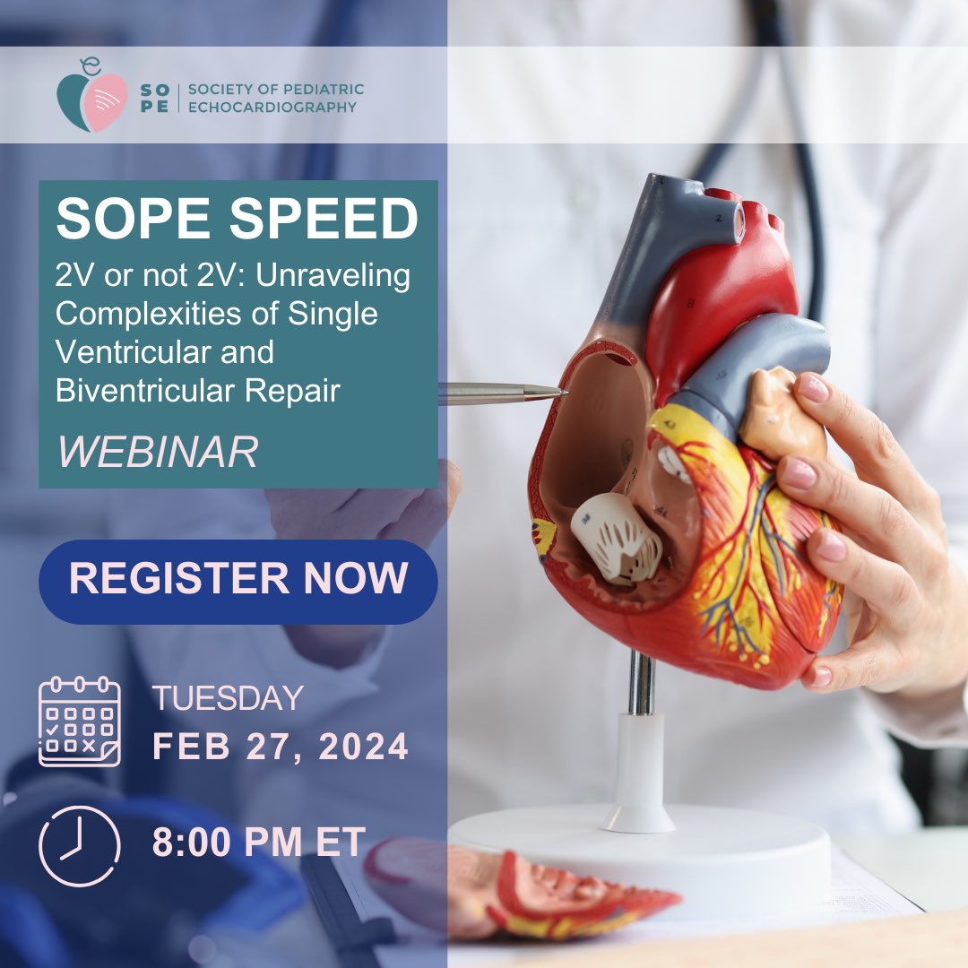 Join us for our next SPEED session “2V or not 2V” on single ventricular vs biventricular repair.

🗓️: Tues, February 27, 8 PM EST

As always, it’s free. CME/CEU is offered for members. 

Register on our website; link below.

sopeonline.org/events