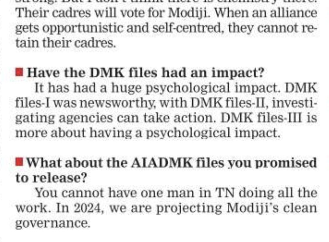 Ahmedshabbir20's tweet photo. TN BJP Chief #Annamalai in TOI interview says #DMKFiles1 was for news, DMK files2 (never released) was for investigating agencies &amp; 3 is to just create psychological impact that’s all. 

Goes silent on #AIADMKFiles which he promised to release. One man can’t do all it seems. https://t.co/wLkBqzDtBM