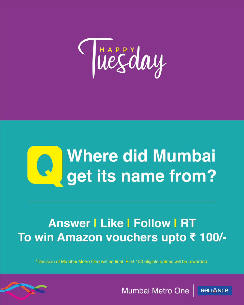 MumbaiMetro01's tweet photo. Introducing 'Happy Tuesday' #Contest.

ANSWER, LIKE, FOLLOW and RT (all must) to win Amazon vouchers.

#MumbaiMetroOne #Contestalert #winprizes #HappyTuesday https://t.co/OZJ0QNkhAs