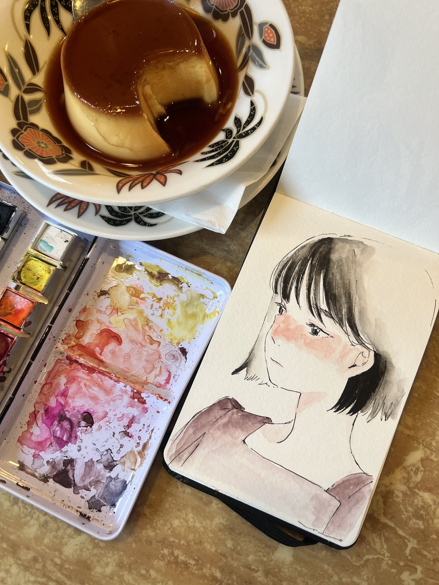 1girl solo short hair traditional media black hair blush cup  illustration images